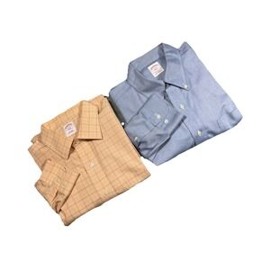 LOT OF 2 Brooks Brothers Dress Shirts 17 4/5 (XL) 1 Blue 1 Orange Plaid Non Iron